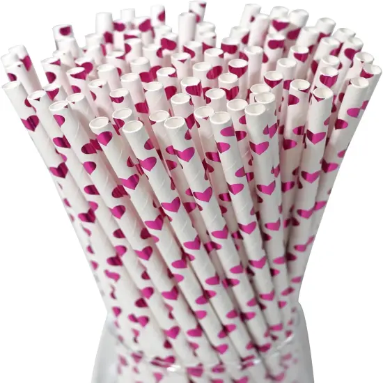 Paper Straws, Disposable Drinking Straws Biodegradable 7.75 inch,for Wedding Birthday Decorative Holiday Party Supplies - 100 Count, Foil Rose Pink Heart {1}