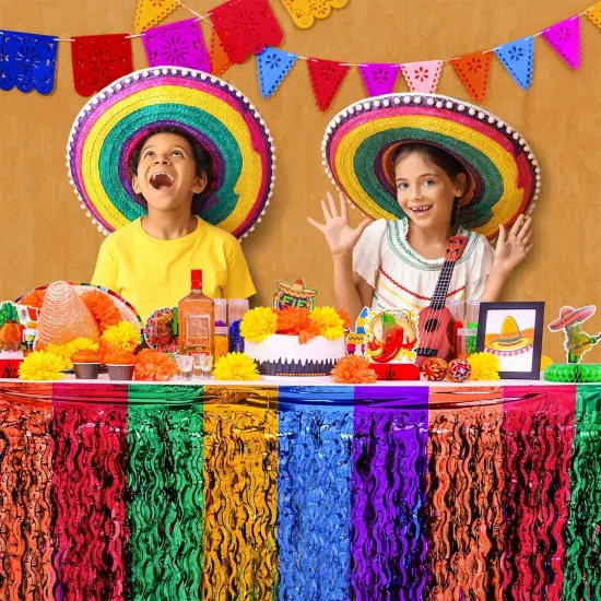 Cinco de Mayo Decorations, 2 Pack Fiesta Party Wavy Metallic Tinsel Foil Fringe Table Skirts, Perfect Mexican Themed Decors for Mexican Taco Dia De Los Muertos Birthday Party Table Bar Decor {4}