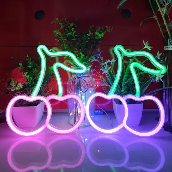 Summer Cherry Neon Sign, USB or 3-AA Battery Powered Neon Light, LED Table Decoration, Bedroom Wall Decoration, Birthday Gift, Wedding Supplies Business Gift (Green+Pink) {4}