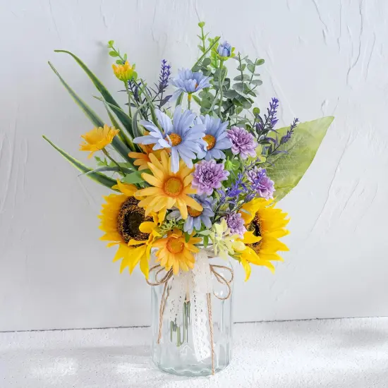 Summer Artificial Sunflower with Vase &ndash; Silk Blue Daisy Flower Arrangement {1}