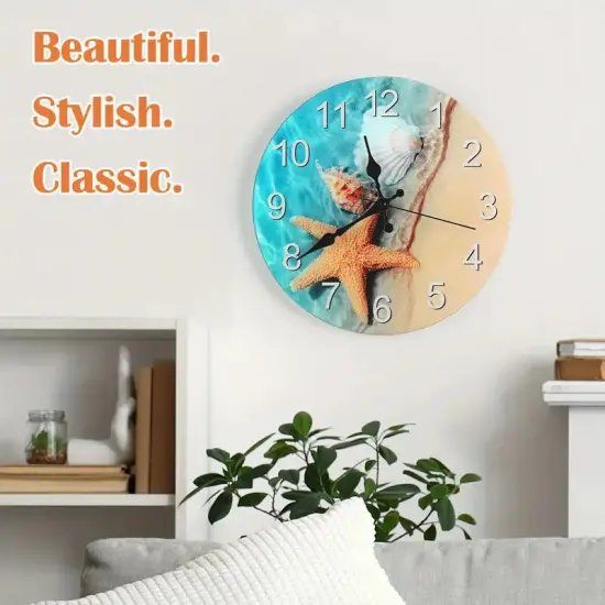 12-Inch Seashell Wall Clock &ndash; Frameless Silent Non-Ticking Glass Clock for Home, Office, Battery Operated (1x AA Required) {3}