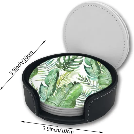 Set of 6 Green Tropical Palm and Fern Leaves Leather Drinks Coasters with Holder {2}