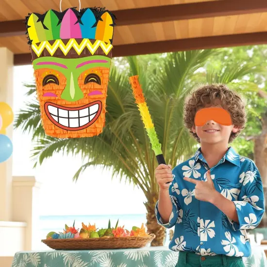 Tiki Pi&ntilde;ata -Tropical Hawaii Pi&ntilde;ata with Blindfold and Bat for Girls Boys Kids Pi&ntilde;ata Hawaiian Luau Themed Party Decorations {5}