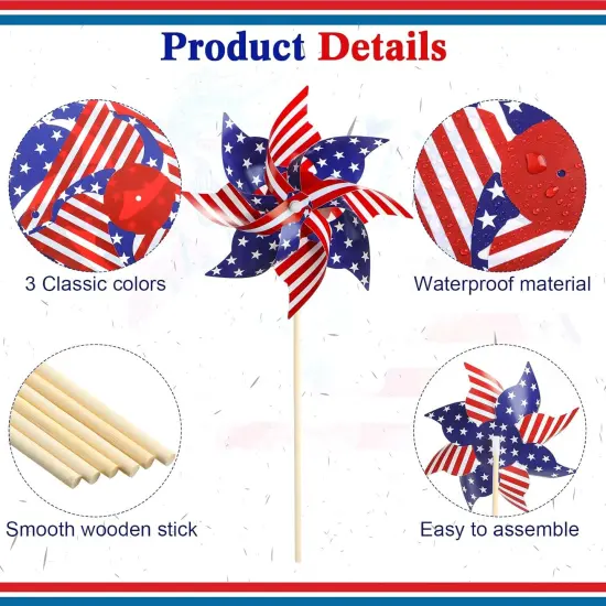 30 PCS American Flag Patriotic Pinwheels Independence Day Stars and Stripes Pinwheels Garden Windmill Wind Spinner for Flag Day {2}