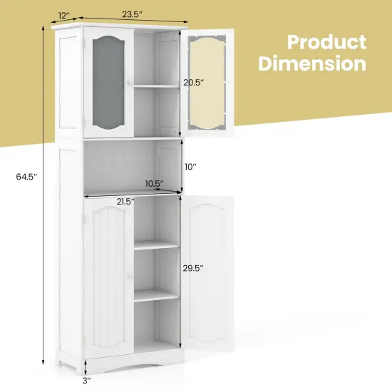 64.5 Inches Tall Bathroom Storage Cabinet with Frost Glass Doors and Shelves-White {5}