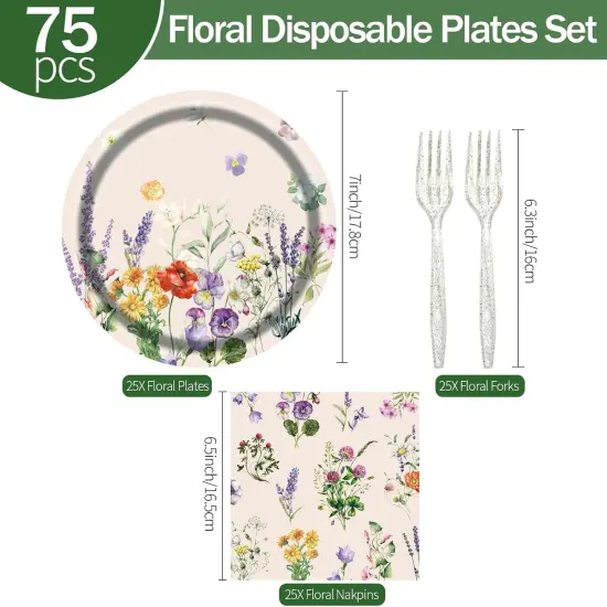 75pcs Floral Disposable Tableware Set, Spring Floral Paper Party Supplies Plates Napkins Wildflower Dinnerware Favors for Baby Shower Girls Women Birthday Tea Picnic Serve 25 Guests {2}