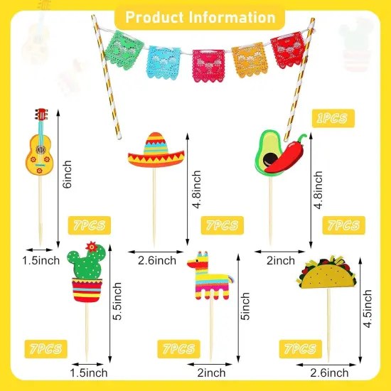 43 Pcs Fiesta Cupcake Topper and Picado Banner for Fiesta Party Decorations Mexican Theme Cake Decorations for Mexican Themed Cactus Donkey Taco Pepper Sombrero Mustache Party Decorations {2}
