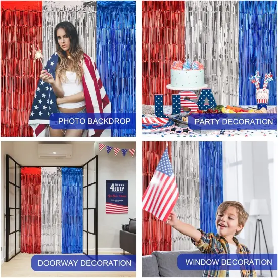 4th of July Decorations,Red White Blue 3 Pack America Tinsel Foil Fringe Curtains,4th of July Photo Booth Prop Streamer Backdrop for Independence Day,Memorial Day,Labor Day Patriotic Party {3}