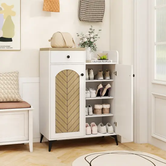 White Wooden 2-Door Shoe Rack Cabinet with 6 Removable Shelves and Side Drawer {2}