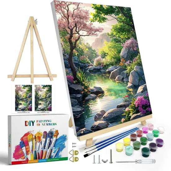 Paint by Numbers Kit for Adults with Frame, Landscape Paint by Number Canvas, Mountain Paint by Numbers with Easel, DIY Flowers Scenery Oil Painting Kit for Home Wall Decor 8 x 12 Inch {1}