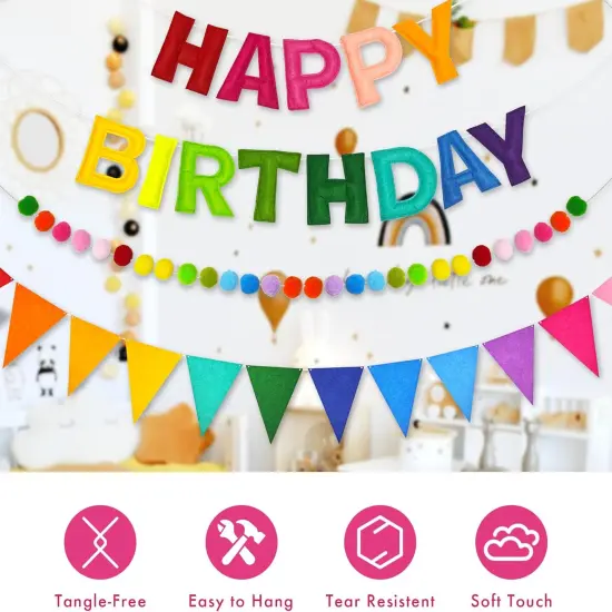 Pre-Strung 3D Happy Birthday Banner, 3 PCS Rainbow Happy Birthday Felt Garland, Pom Pom Garland, Triangle Fabric Garland Bunting, Reusable Rainbow Birthday Decorations {3}