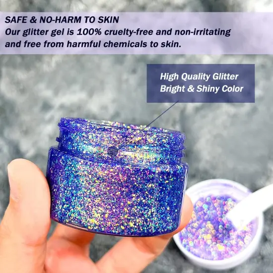 Holographic Body Glitter Gel for Body, Face, Hair and Lip Color Changing Sparkling Face Glitter Gel Mermaid Sequins Glitter Face Paint for Women Girls Music Festival Concerts Party (Purple Chameleon) {3}