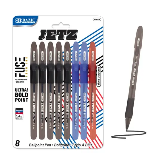 BAZIC Jetz 1.4 mm Tip Asst. Color FUSE Tech Ink Pen w/ Cushion Grip (8/Pack) {1}