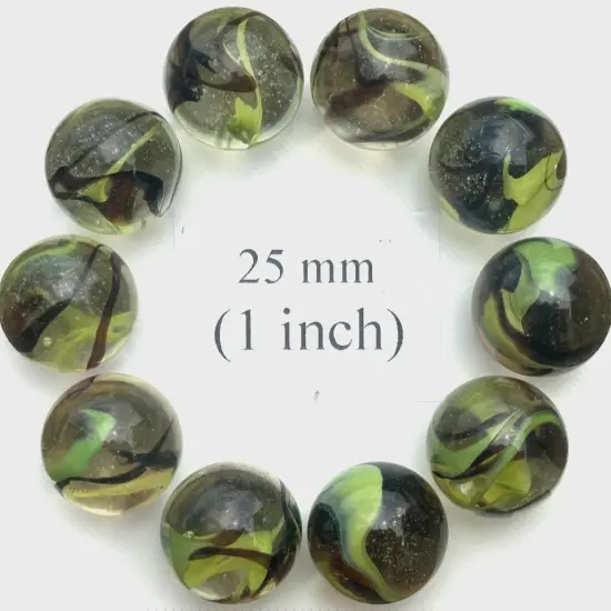 Lot of 10 COMMANDO Clear/Green/Brown Glass Marbles 25mm (1 inch) SHOOTER Taw Lot {1}