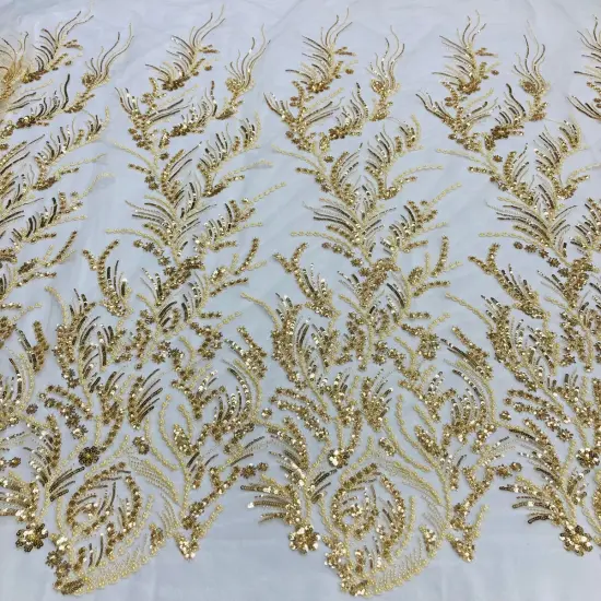 1 Yard Elegant Beaded Lace Fabric with Embroidered Floral Design on 100% Polyester Mesh, GD-210904 Gold {1}