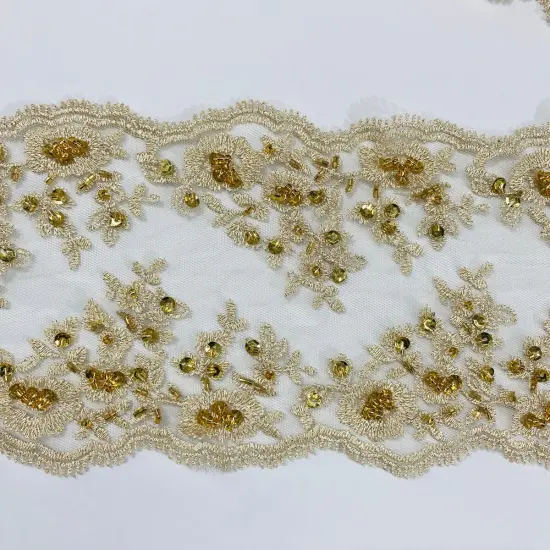 1 Yard Beaded Double-Sided Lace Trimming on 100% Polyester Net Mesh, Elegant Embroidered Design White {4}