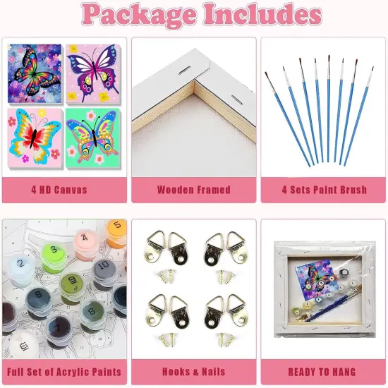 4 Pack Butterfly Paint by Number for Kids with Wooden Frame-Paint by Numbers for Kids Butterflies Ages 4-8-12,Easy Paint with Numbers DIY Acrylic Oil Painting Kits for Home Wall Decor(8X8inch) {4}