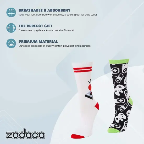 Video Game Lovers Crew Socks for Girls, Fun Gift Set (One Size, 2 Pairs) Multicolor {2}