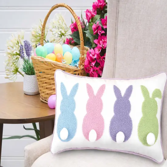 Easter Bunnies with Tufted 3D Bunny Rabbit Tail Spring Themed Small/Petite Accent Pillow, 10" x 20" {3}