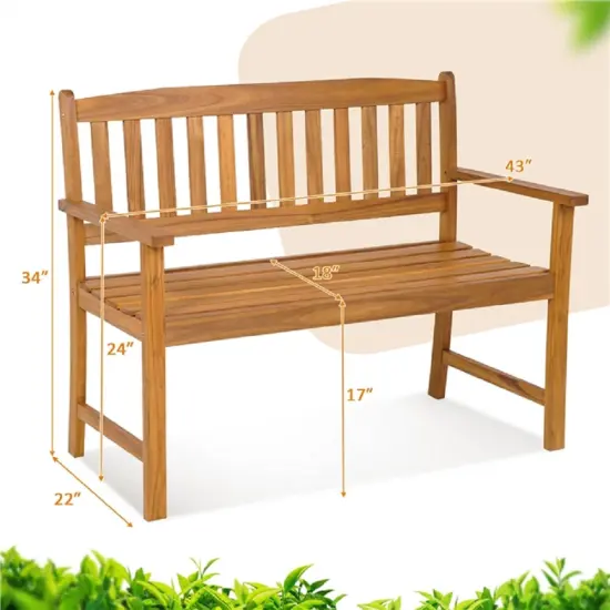 2-Person Patio Acacia Wood Bench with Backrest and Armrests Ideal for Outdoor Seating {6}