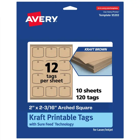 Avery Printable Arched Square Printable Tags, Sure Feed Technology, 2" x 2-3/16", Matte Kraft Brown Cardstock, Print-to-The-Edge, Laser/Inkjet Printable, 120 Total {1}