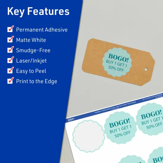 Avery TrueBlock Matte White Paper Labels,2-1/2" diameter Round Scalloped {2}