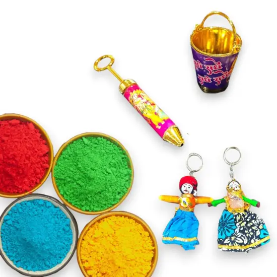Holi Gift Hamper Holi Decoration Premium Handmade Indian Gift Hamper Holi Party Favors Festive Hamper Holi Gulal Colors, Radhe Krishna Pichkari Bucket, Keychains {1}
