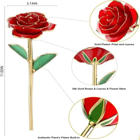 Gold Rose 24K Plated Gold Dipped Rose, Forever Preserved Red Rose {4}