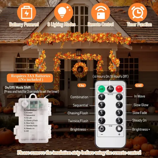 2 Pack Fall Maple Leaves Garland with Pumpkin Lights - 11.5 FT, 40 LED - Orange Green {4}