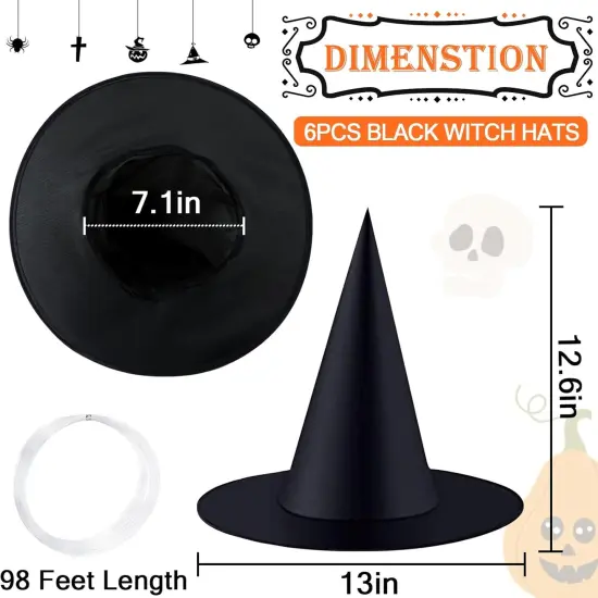 6 Pieces Halloween Medium Witch Hats with 98 Feet Hanging Rope {2}