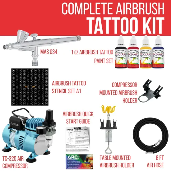 Cool Runner II Dual Fan Air Compressor Custom Body Art System with Gravity Feed Airbrush, 4 Color Temp Tattoo Paint Set, 100 Stencils, Self-Adhesive {2}