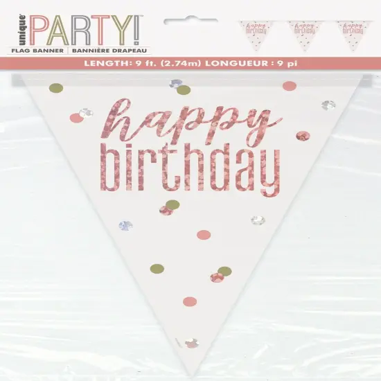 Glitz Rose Gold "Happy Birthday" Prismatic Plastic Flag Banner 9 ft {1}