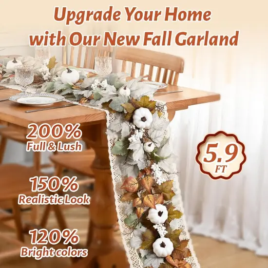 Fall Garland with Lights, White Pumpkins Berries & Maple Leaves - 1PC {2}