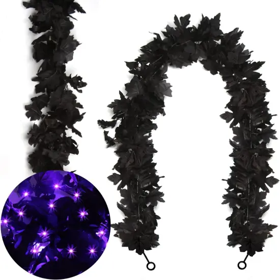 2pcs Black Maple Leaves Garland with Lights ,Halloween Maple Garland {1}