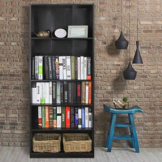71-inch Tall 5-Shelf Bookcase in Black Wood Finish {5}