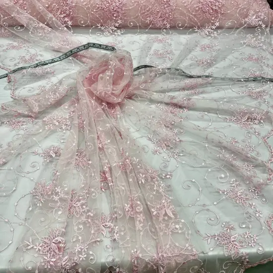 1 Yard Beaded Lace Fabric Embroidered Pearl Sequin Tulle Mesh Dress 52" Width Pink {7}