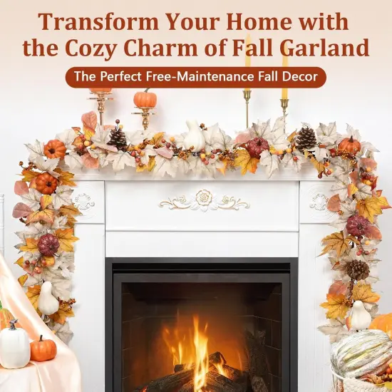 Fall Leaves Garland with Lights, Pumpkins Pinecones Berries Maple Leaves - 1 PACK {5}