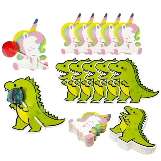 Wrapables Birthday Lollipop Paper Card Candy Holders, Party Supplies, Decorations, Party Favors (100pcs), Dinos and Unicorns {1}