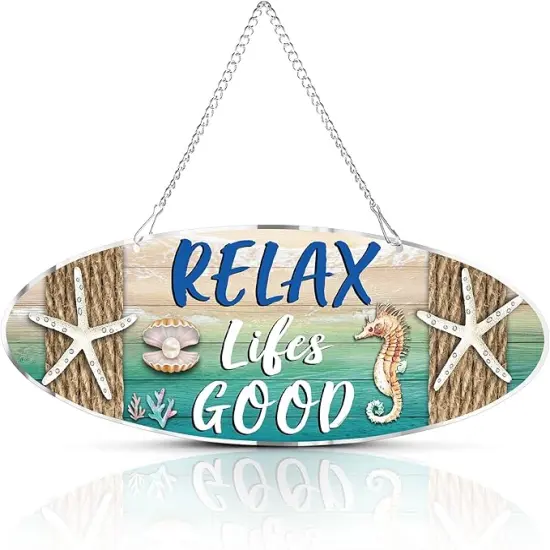 Beach Sign Decor Hanging Sea Decorations Starfish Wall Decoration Beach Plaque Door Wall Plaque Decor Sign with Seahorse and Scallop for Decoration(Classic Style) {1}