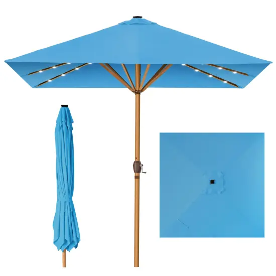 Best Choice Products 9ft Deep Square Solar LED Lighted Patio Umbrella w/ Faux Wood Texture, UV-Resistant Sky Blue {1}