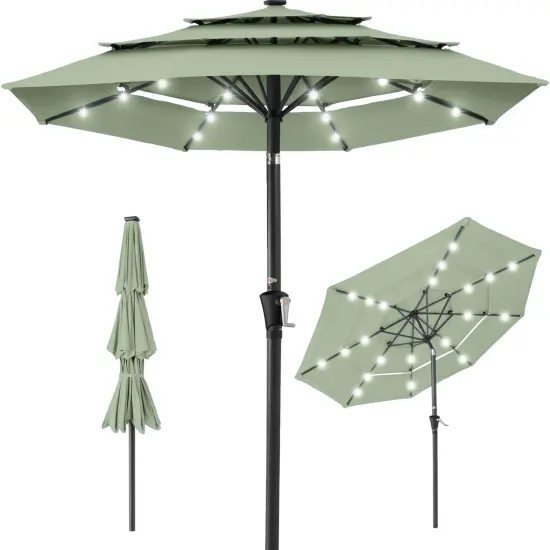 Best Choice Products 10ft 3-Tier Solar Patio Umbrella w/ 24 LED Lights, Tilt Adjustment, Easy Crank Sage Green {1}
