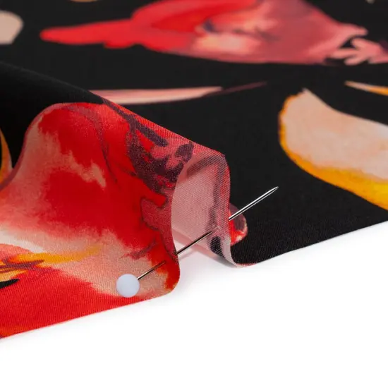 1 Yard Black Orange Red Silk Charmeuse Print Illustrated Watercolor Flowers Made in Italy Width 53" {2}