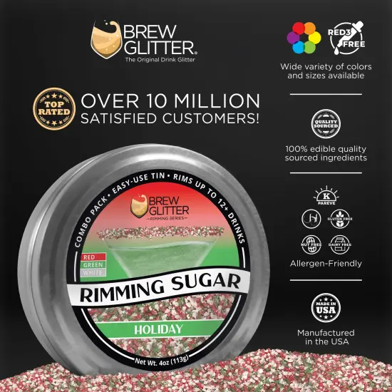 Brew Glitter - Holiday Rimming Sugar (4oz, 1x Bar Tin) Cocktail Garnish for Mixed Drinks & Refreshments {2}