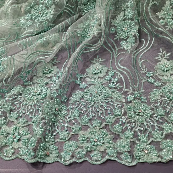 1 Yard Elegant Beaded Lace Fabric Embroidered on 100% Polyester Net Mesh 51 inch Width Black {6}