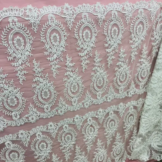 1 Yard White Beaded & Corded Embroidered Lace Fabric, 100% Polyester Mesh, 48" Wide, Elegant Fabrication for Gowns & D&eacute;cor Ivory with Silver {1}