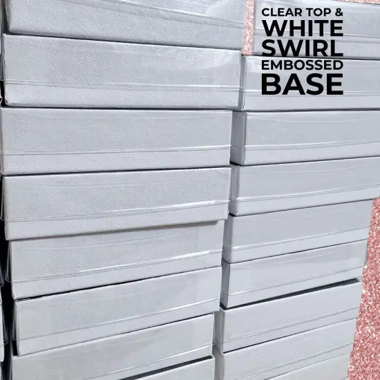 100 Boxes - Made in USA - Clear Top Jewelry Boxes with White Swirl Embossed Base Gift Case Cotton-Filled - 3-1/2" x 3-1/2" x 7/8" White Swirl Embossed - Gift Giving Keepsake Box & Jewelry Storage {4}