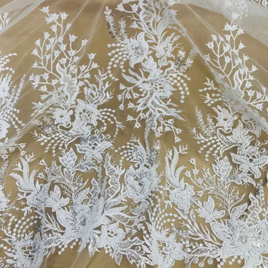1 Yard Beaded Lace Fabric Embroidered on 100% Polyester Net Mesh, Gold, 52" Width, Premium Lace Fabric for Dresses & Crafts White {1}