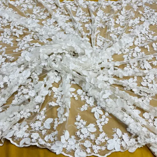 1 Yard Beaded 3D Floral Lace Fabric on 100% Polyester Net Mesh, Off White, 44" Wide, Embroidered Lace Material {1}