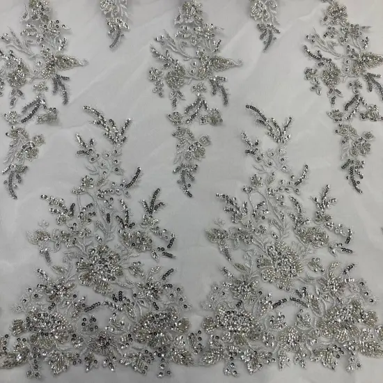 1 Yard Beaded & Sequined Embroidered Lace Fabric on 100% Polyester Mesh, 52" Wide Silver {1}