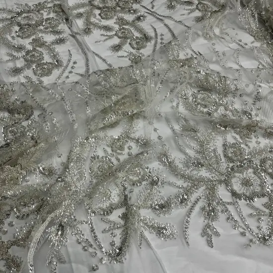 1 Yard Beaded Lace Fabric on 100% Polyester Net Mesh, Embroidered Lace Fabric, 52" Width Antique Silver {3}